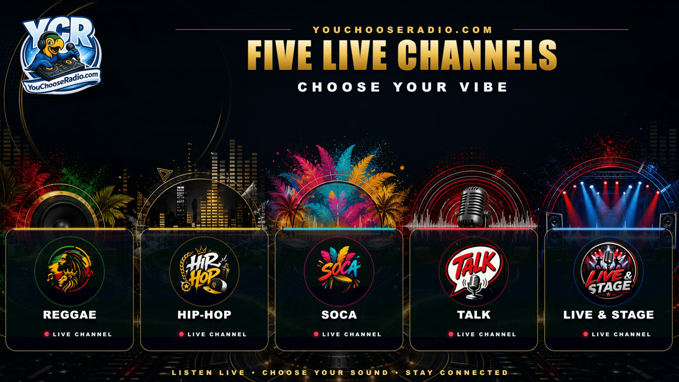 Five Live Channels — Reggae, Hip-Hop, Soca, Talk, Live & Stage