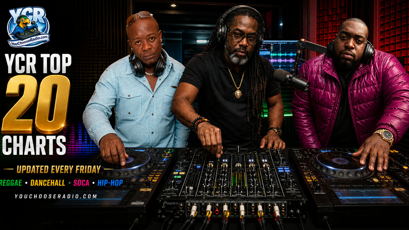 YCR Top 20 Charts — Reggae, Dancehall, Soca, Hip-Hop, ranked weekly